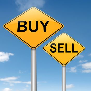 Illustration depicting two roadsigns with a buy or sell concept. Sky background.
