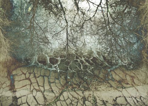 old background with cracks and landscape