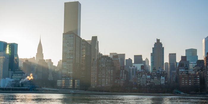 Photograph of the New York skyline taken from the east river.  Photograph taken near sunset with light rays shining through buildings.