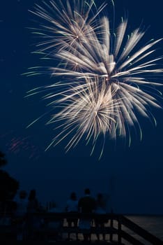 Photograph of various firework bursts from a 4th of July Celebration on Saint Simons Island Georgia.  Fireworks are shot off over water and reflection backlights people in foreground.