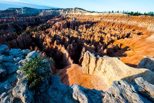 Photograph of the Bryce Amphitheater from overlook taken at sunrise showing geologic formations and Hoodoos.