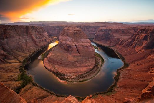Photograph of the famous Horseshoe Bend of the Colorado River located in Arizona.