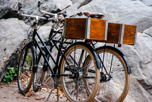 Photograph of two retro cruizer bikes with wooden boxes on the back resting in a park near a large rock.