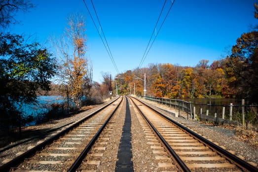 Photograph of double track railroad lines with vanishing perspective taken in autums with overhead catenary lines.