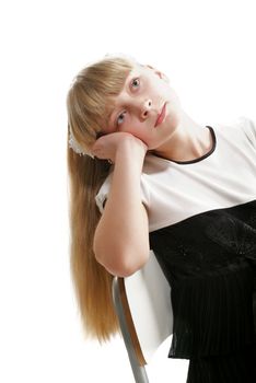 Beautiful Girl with Long Blond Hair Dreams closeup on white background