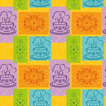 Seamless background, cups with a hot drink and rectangles with floral pattern.