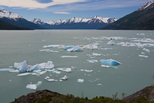 Spectacular blue icebergs floating on the Lake Argentino in the Los Glaciares National Park, Patagonia, Argentina.
