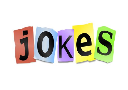 Illustration depicting cutout printed letters arranged to form the word jokes.