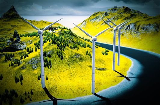 Wind turbines onshore in picturesque landscape