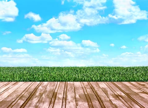 wooden floor boards that go on the field with green grass