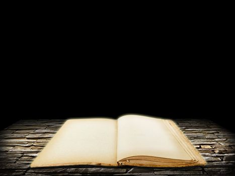 Old open book with blank pages on stone grunge background