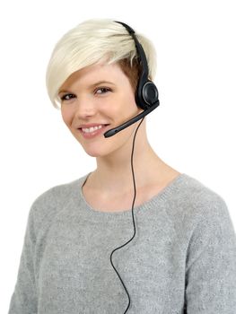 Photo of a cute young call center female with short blond hair and big smile wearing a headset.