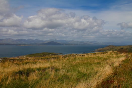 Grassy cliff overlooking peninsula and sea on the Irish west coast
