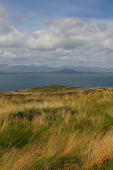 Grass covered cliff overlooking peninsula and sea on the Irish west coast
