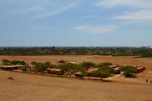 View of the tourist complex from Huaca de la Luna, in the Moche valley, Peru
