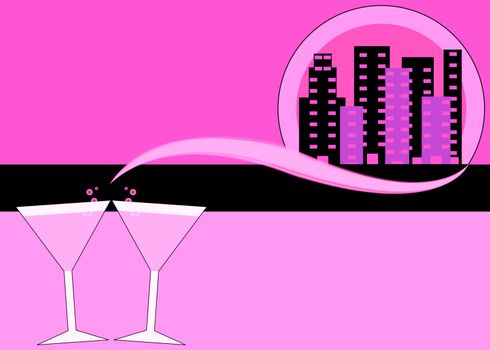 Abstract girls’ night out with background with Pink martinis and skyline illustration