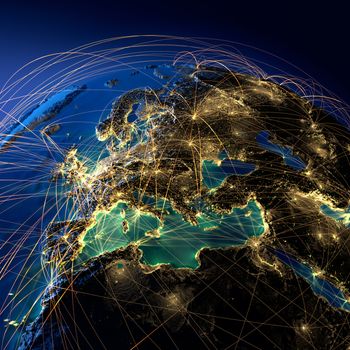 Highly detailed planet Earth at night with embossed continents, illuminated by light of cities, translucent and reflective ocean. Earth is surrounded by a luminous network, representing the major air routes based on real data