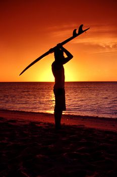 Young man surfer carrying surfboard during sunrise