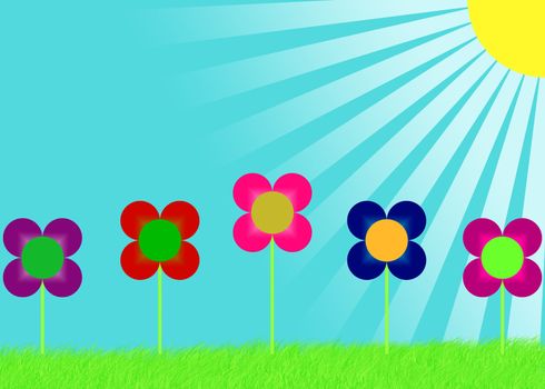 Five colorful flowers with grass, blue skies and sunshine
