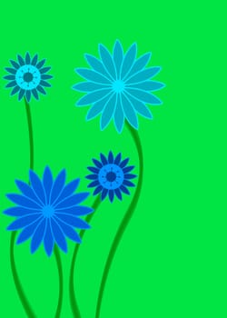 blue and green abstract flowers on green background