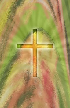 A glowing cross on an abstract background with spring colors