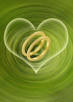 Abstract green wedding illustration with two gold rings and a glowing heart