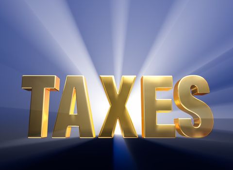 Gold "TAXES" on a dark blue background brilliantly backlight with light rays shining through.