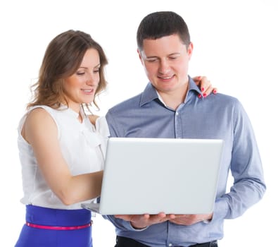 A group of business people working together with notebook on white background