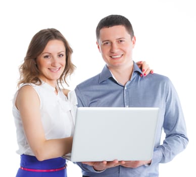 A group of business people working together with notebook on white background