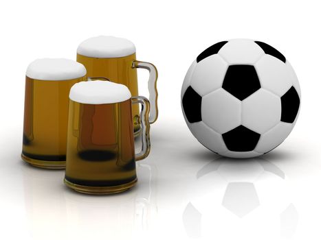 Three cups of tasty dark beer with foam, and a soccer ball