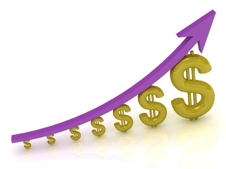 3D Illustration of the growth of the dollar with a lilac arrow on white background