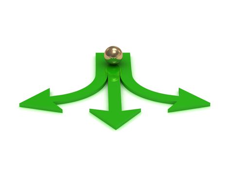 Gold ball at the crossroads of three green arrows on a white background