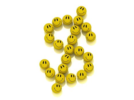 Funny smilies lined up in a dollar figure on a white background
