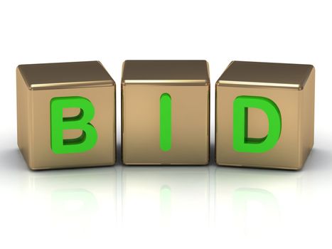 Bid the green inscription on the gold cubes on a white background