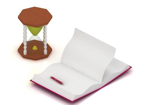 sand clock, open a blank book and pen, 3d illustration isolated on the white background