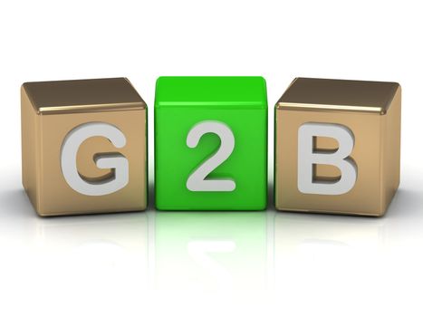 G2B Government to Business, symbol on gold and green cubes on white background