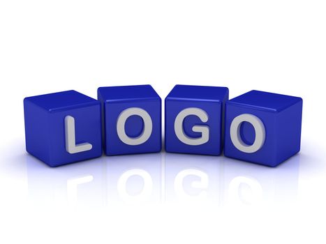LOGO word on blue cubes on an isolated white background