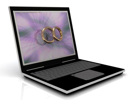 Dating on the Internet: 3D illustration of a laptop and gold wedding rings in front of the monitor