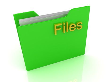 Green computer folder and yellow sign Files on a white background