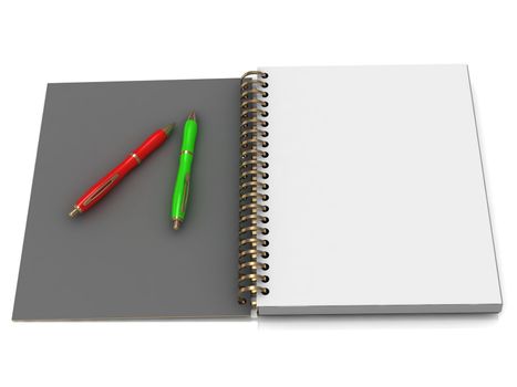 Notebook with spiral and two handles on a white background