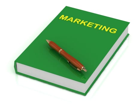Green book on marketing and brown pen on book over white background