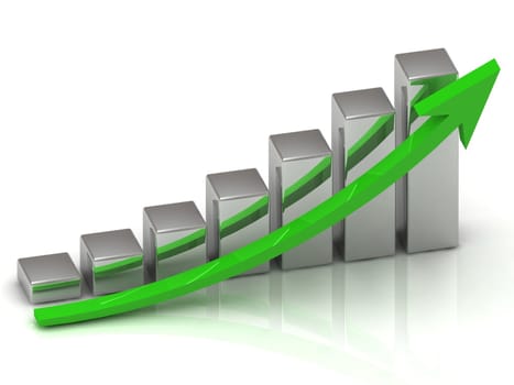 Business graph output growth of silver bars and green arrows