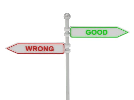 Signs with red "WRONG" and green "GOOD" pointing in opposite directions, Isolated on white background, 3d rendering