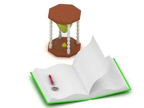 Gold Wedding Rings, sand clock, open a blank book and pen, 3d illustration isolated on the white background