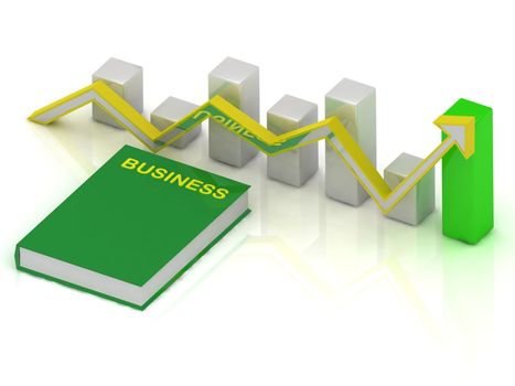 book business and graph changes with an arrow, 3D rendering on a white background