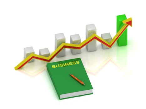 book business, pen and growth chart with an yellow-red arrow on a white background