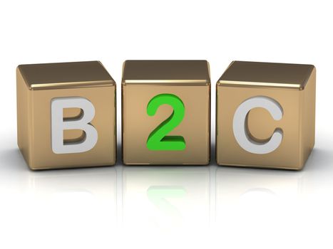 3d render B2C Business to Consumer symbol on gold cubes on white background