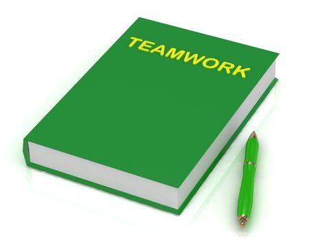 Green book on teamwork and a green pen next to the book