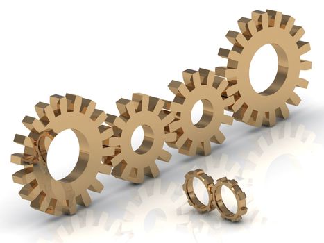 Connecting the four gold and two small gears on a white background