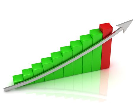 Business growth, red column and the silver arrow on a white background